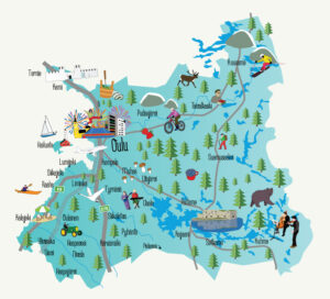 Kuvassa piirretty sininen Oulu2026-aluetta kuvaava kartta. Kartassa ihmisiä, eläimiä ja rakennuksia.