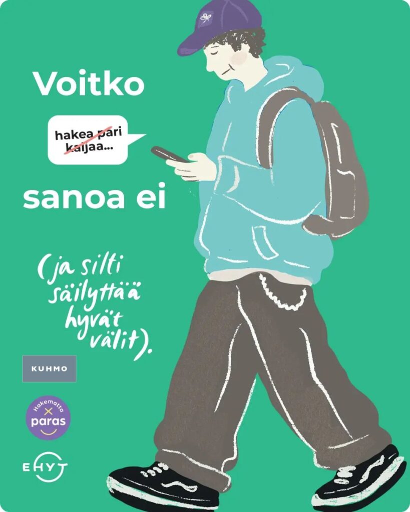 kävelevä nuori, piirroskuva, logoja, tekstiä